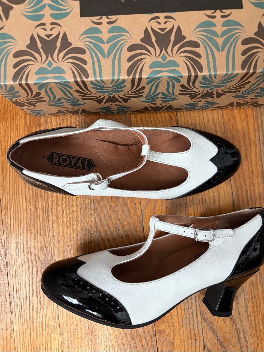 Two-Tone Black & White T-Strap Heels